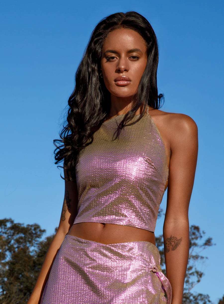 SHIMMER TIE UP TOP MAGENTA